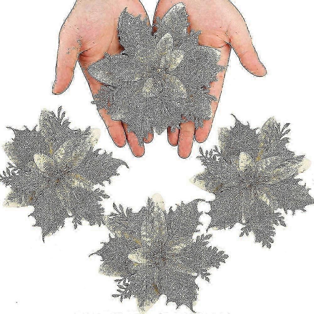 24pcs Christmas Glitter Poinsettia Flowers Artificial Flowers