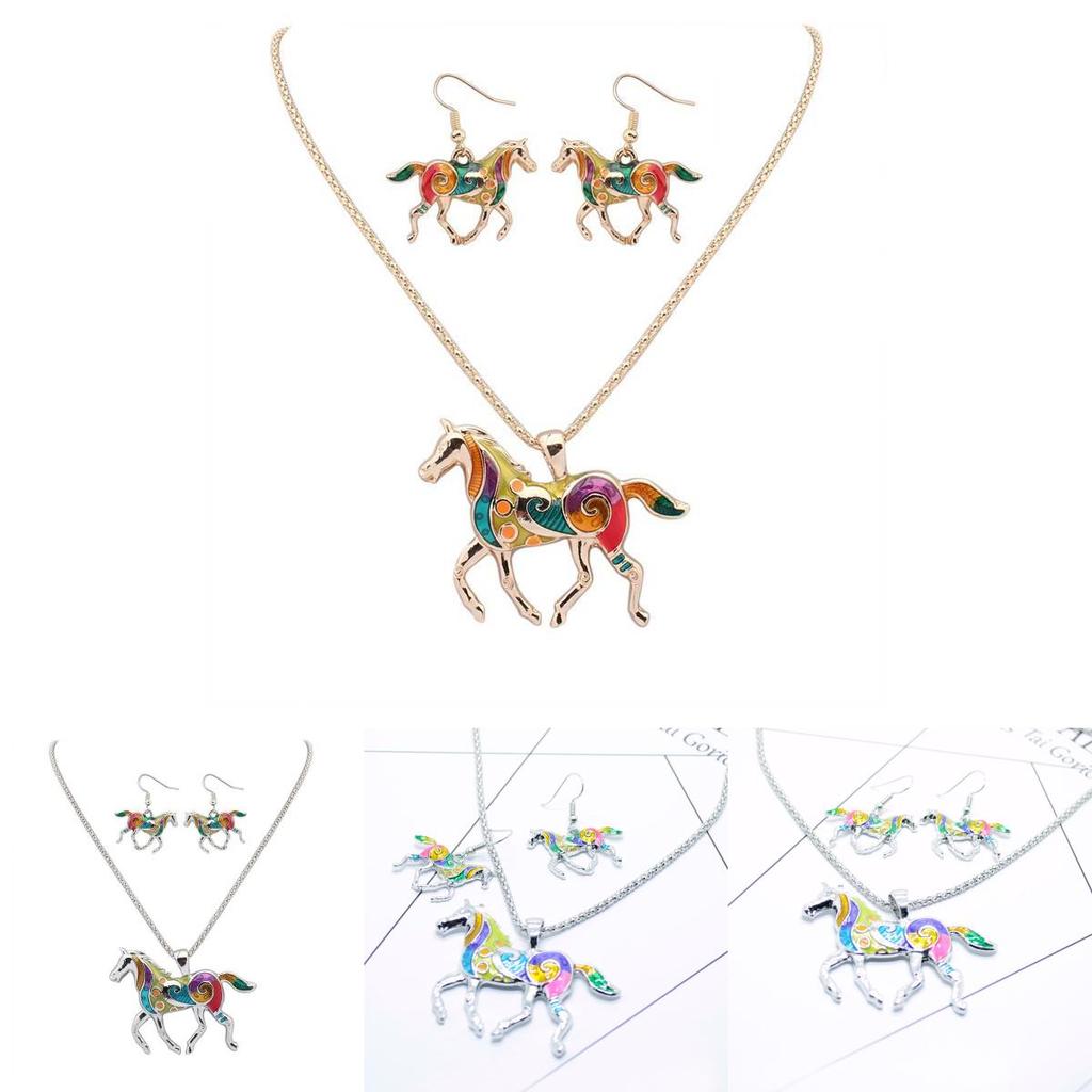 Ensemble Collier Boucles d'oreilles Pendentif Poney Arc-en-ciel Tendance avec Design Dégradé Coloré