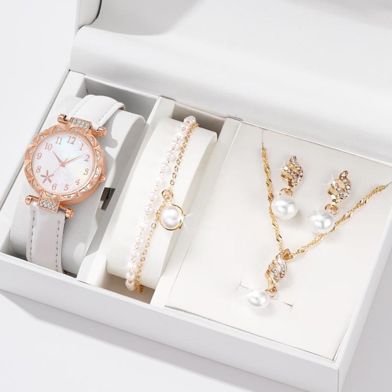 6 Peças/Conjunto Relógio Feminino Moda Flores Pulseira de Couro Relógios Analógicos de Quartzo Conjunto de Joias Borboleta(Sem caixa)