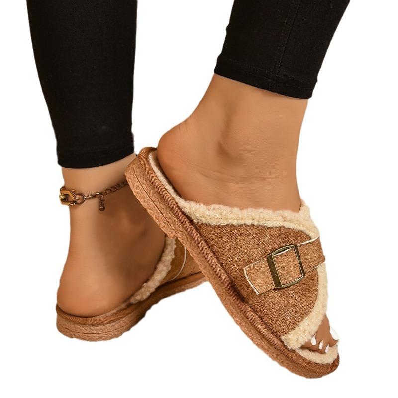 Large size new one-word slippers fleece casual flat-bottomed fluffy slippers women's warm retro cotton mop