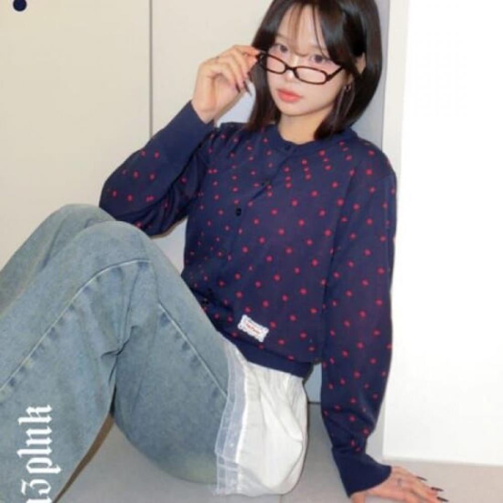 The Pink Women Dot Lace Patch Color Block Knit Cardigan
