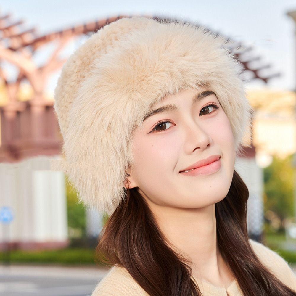 Elegant Women's Plush Hat Windproof Ear Protection Hat Casual Faux Fur Bucket Hat  Outdoor