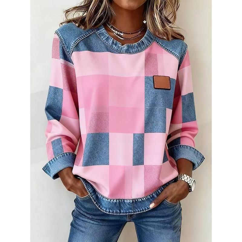 Felpa da Donna S Taglio Largo Patchwork a Quadri Girocollo Manica Lunga
