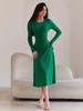 Women's U Neck Long Sleeve Maxi Dress Loose Fit Elastic Waist Fresh Sweet Ribbed Knit Flared Skirt Back Tie Casual Long Gown
