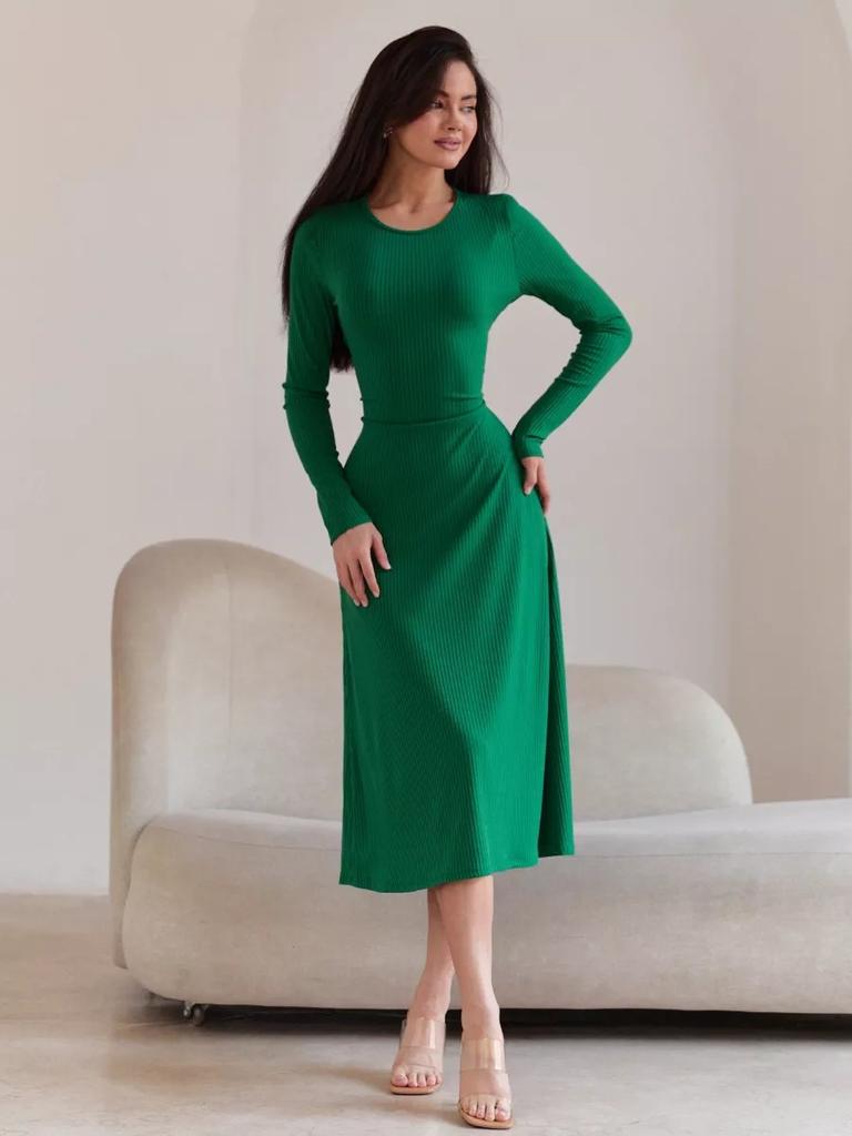 Women's U Neck Long Sleeve Maxi Dress Loose Fit Elastic Waist Fresh Sweet Ribbed Knit Flared Skirt Back Tie Casual Long Gown