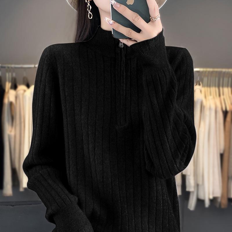 Women's Heavy-Duty Half-Zip Cable Knit Wool Sweater - Warm, Thickened Stand Collar for Autumn & Winter