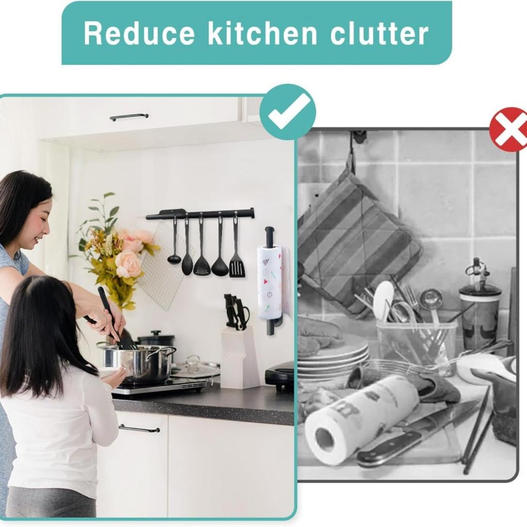 Paper Towel Holder, Self Adhesive or Drilling Paper Towel Holder Under Cabinet, Stainless Steel Black Paper Towel Holders Wall Mount for Kitchen,