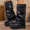 Fashion Punk Style Chunk Heel Boots for Women 2025 Fashion Black Rivet Detor Mid Calf Boots Woman Pu Leather Platform Botas Mujer