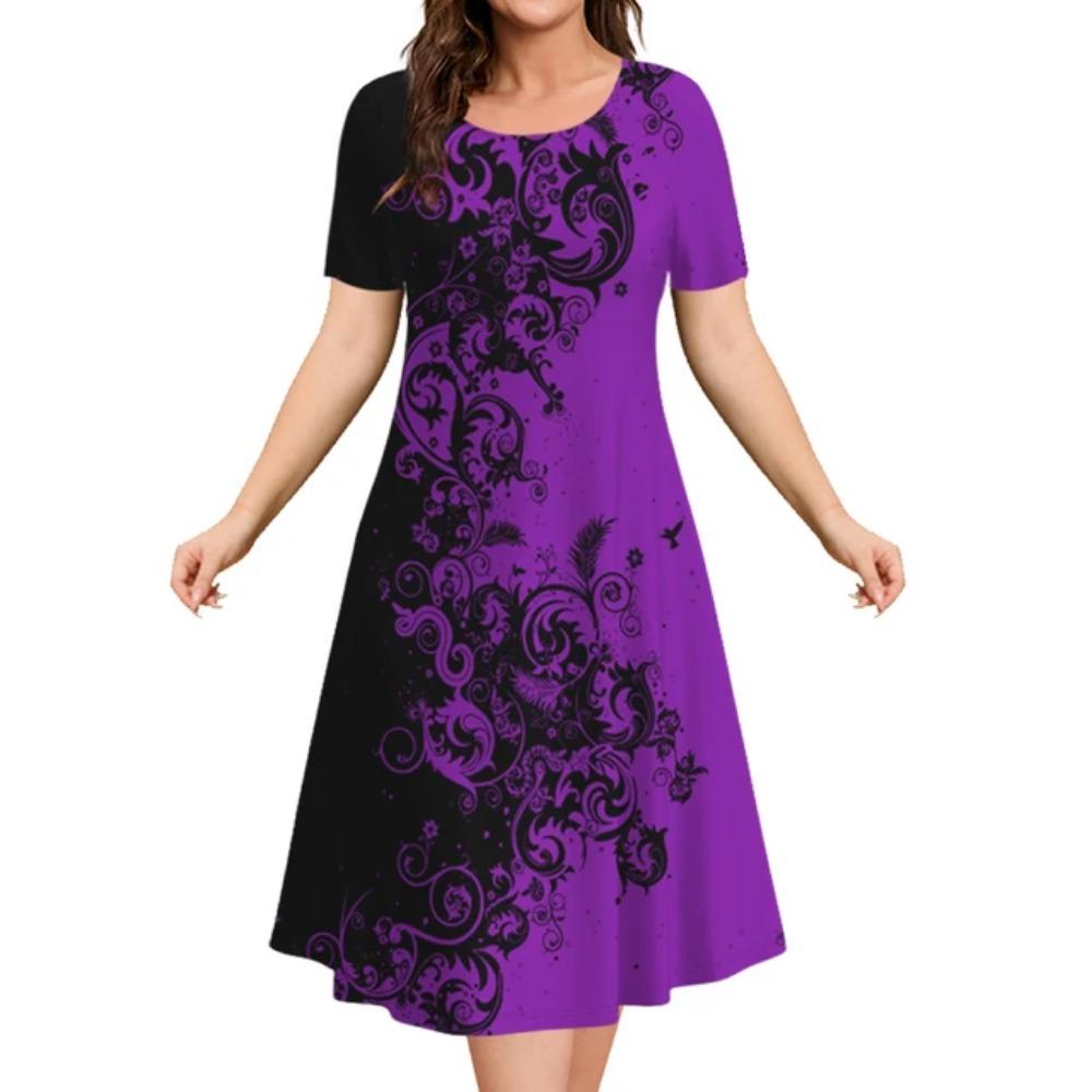 Estampa floral feminina elegante vestido midi, roupas femininas de manga curta extragrande, moda verão, 2024