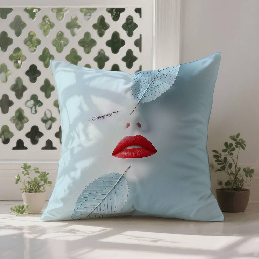 Girl with Blue and Lips Pillow Case Anti-dustmite Pillowcase Invisible Zipper Silky Short Plush Sofa Cushion Cover