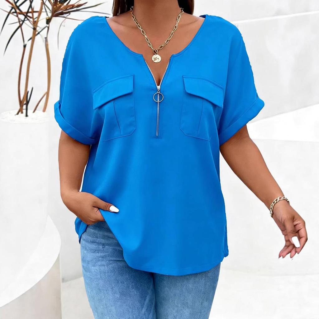 2026 Spring-Summer Solid Color Plus Size Women's Zipper Pocket Short Sleeve Loose T-Shirt