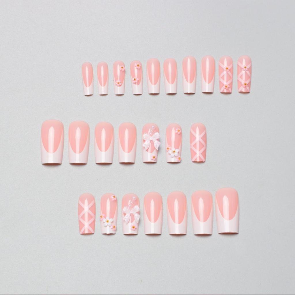 Ballet Style 3D Pearl Butterfly French Tip False Nails, Medium-Long