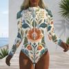 Women Plus Size High Neck Long Sleeve Floral Print Front Zipper One Piece Swimsuit
