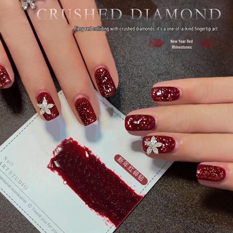 2025 New Year Super Sparkly Rhinestone Nail Gel - Wine Red Disco Style
