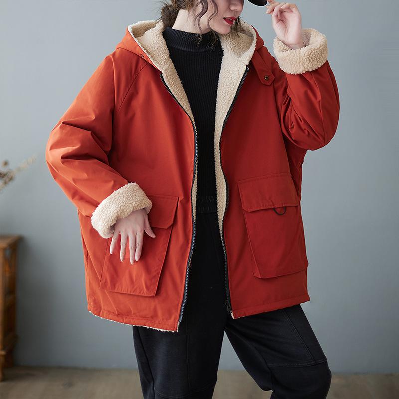 

Женская свободная художественная ретро-верхняя одежда больших размеров с длинным рукавом и капюшоном, теплая, зимняя одежда, двусторонняя носка, овечий вельвет S оранжевый