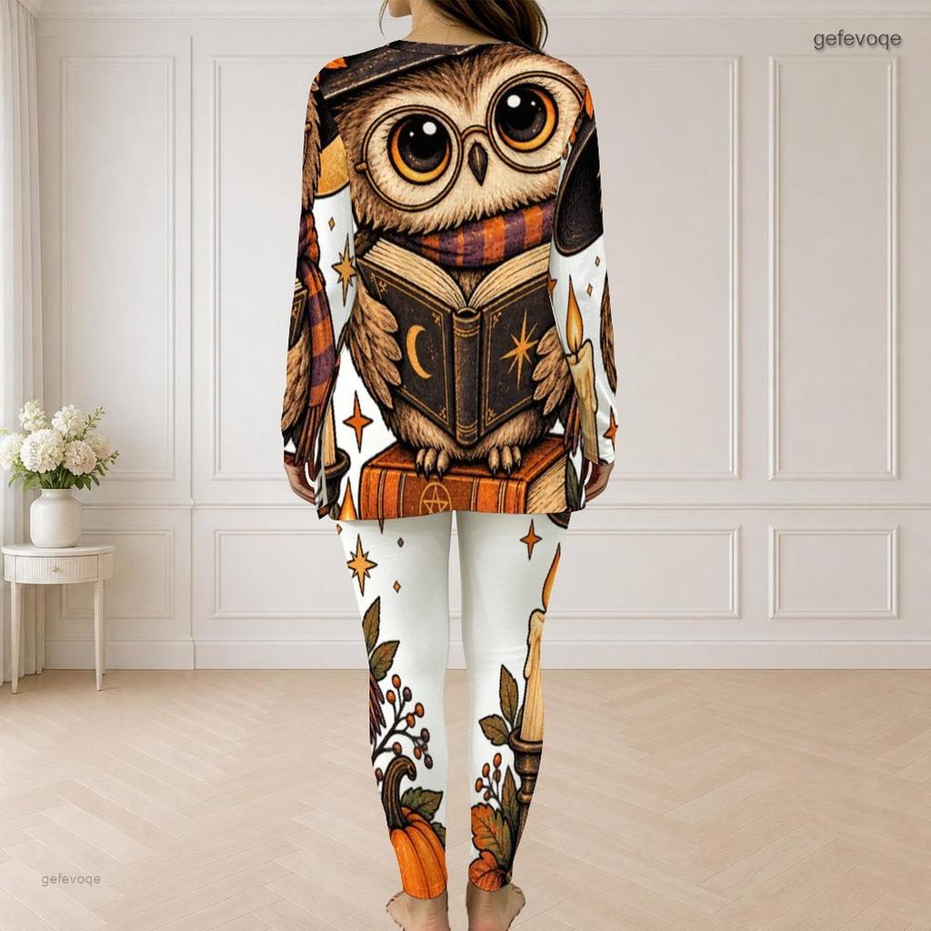 Women Plus Size Front Zip Long Sleeve Cartoon Raccoon Print Two Piece Pants Set
