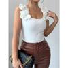 New 3D Floral Elegant Spring/summer Knitted Vest Solid Color Slim Fit Shirts Sweet Tank Tops Casual Simple Sleeveless Blouse