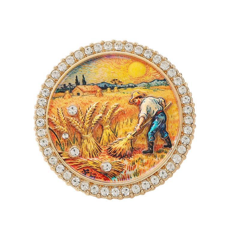 1Pcs Rhinestone Round Lapel Pin Famous Painting Brooches For Women The Starry Night And Farmer In Wheat Field Party Brooch Badge