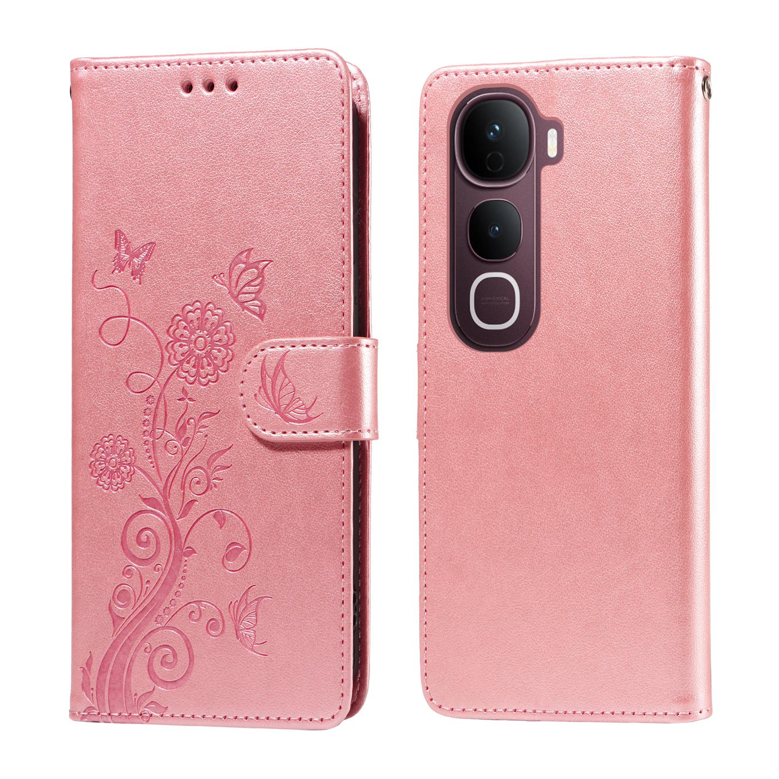 

For vivo Y400 Pro 5G/vivo V40e 5G Leather Case Butterfly Floral Imprint Wallet Stand Cover Pink