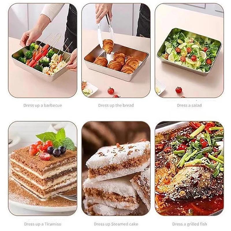 Stainless Steel Square Plate With Lid Rectangular Food Storage Pan Commercial Dish Tray Large Refreshing Lunch Box Container