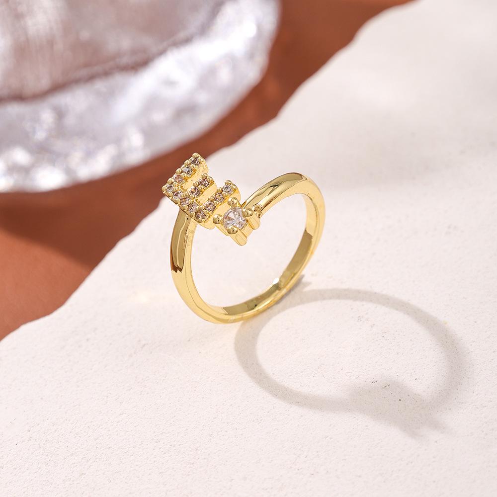 Copper Inlaid Zircon Alphabet Ring: Women's Fashionable Adjustable Open Ring