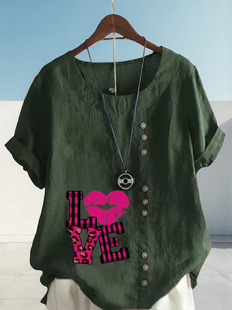 Women's Fashion Love Letters Print Shot Sleeve T-shirt Loose Cotton Shirt Casual Loose Summer Blouse Tops Plus Size