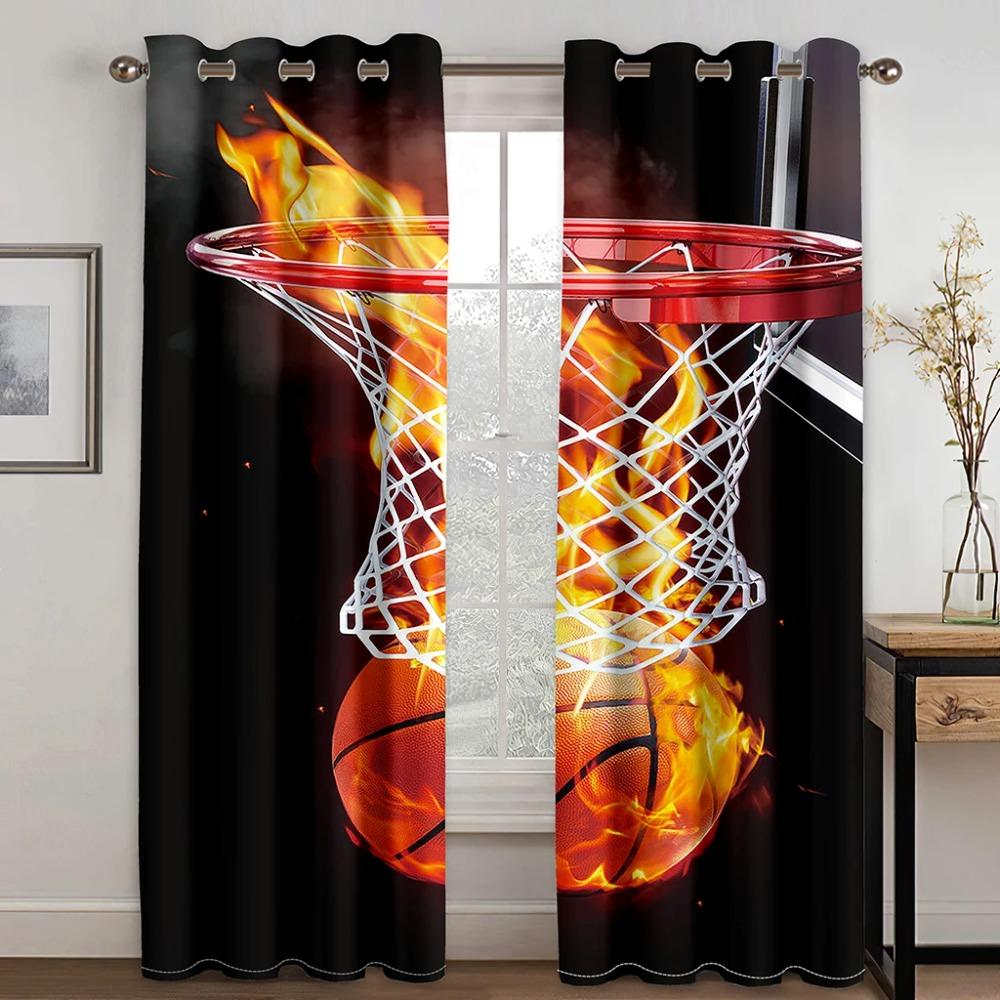 Feuer Basketballplatz Sport Junge Kostenloser Versand Fenstervorhänge für Wohnzimmer Kinderzimmer Badezimmer Küche Tür Heimdeko 2 Stück