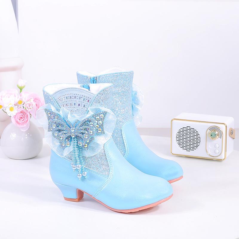 Girls Princess Boots High Heel Bowknot Plush Warm Children's Mid-calf Boots