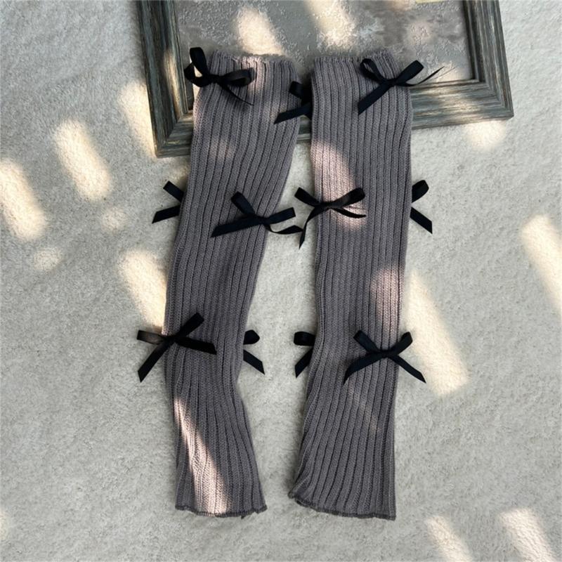 Women Japanese Style JK Girl Ribbed Knitted Leg Warmers Cute Small Bowknot Ruffled Hem Boot Cuffs Leg Cover Long Socks