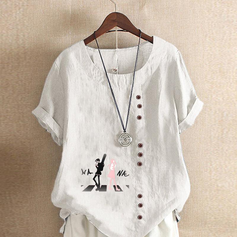 Women's Fashion Round Neck Short Sleeve T-shirt Casual Cotton Linen Graphic Shirt Leisure Loose Missing Two People Prined Summer Blouse Tops
