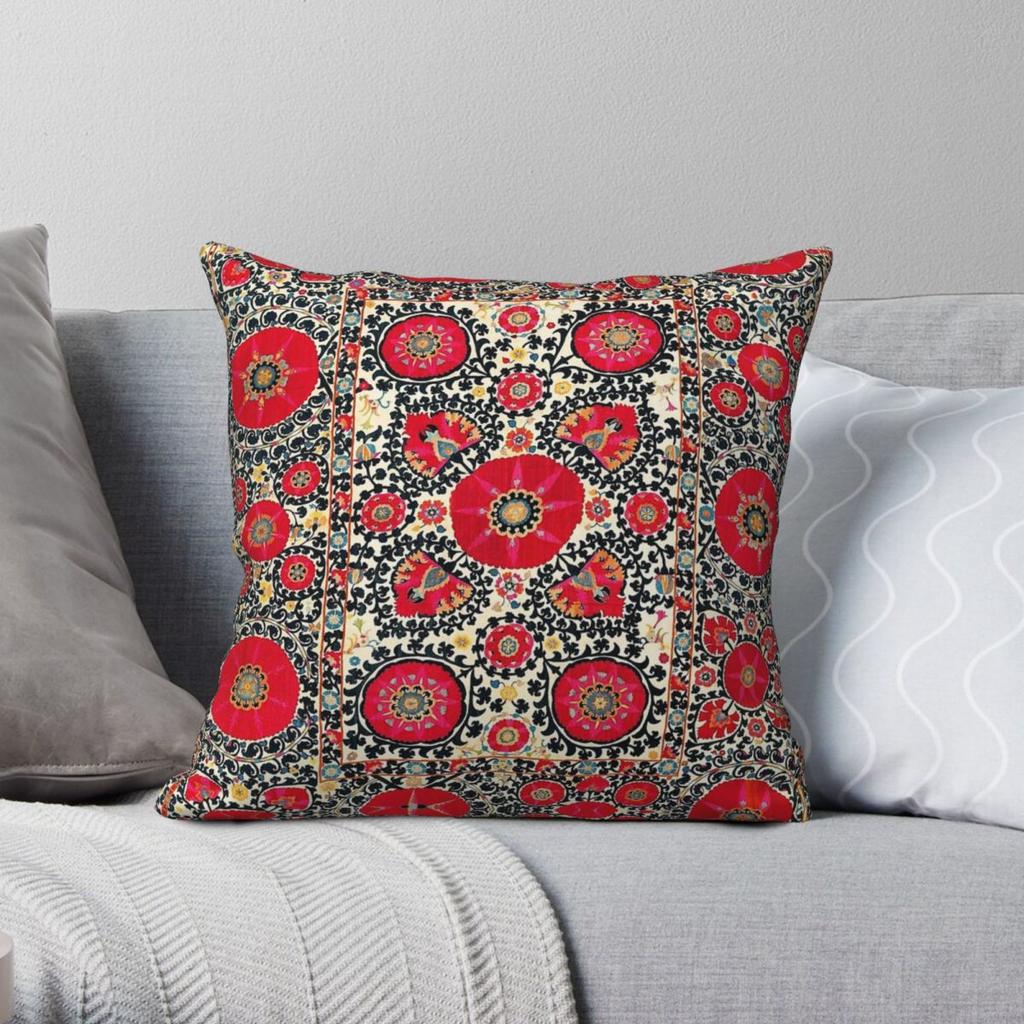 Shakhrisyabz Suzani Uzbek Embroidery Square Pillowcase Polyester Linen Velvet Pattern Zip Decor Room Cushion Case