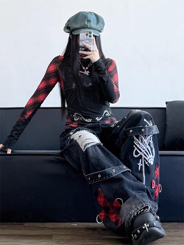 Gothic Punk Style Ripped Wide-Leg Jeans for Women