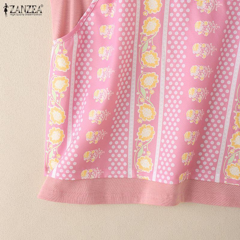 ZANZEA Women Casual Round Neck Patchwork Loose Short Sleeve T-Shirts