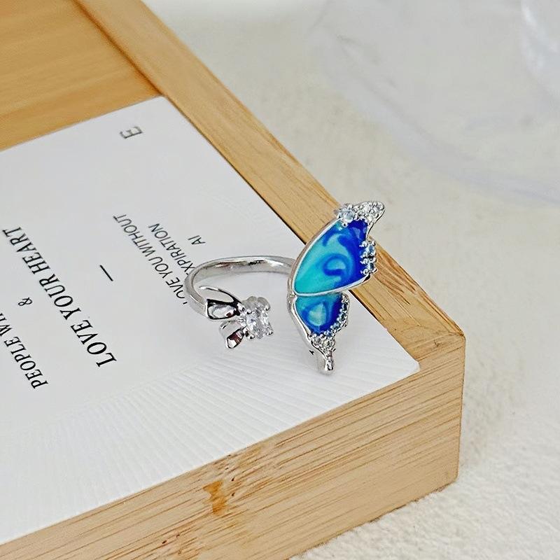 Light Luxury Full Diamond Sea Blue Zircon High-End Open Ring Gypsy Star Niche Design Butterfly Personalized Index Finger Ring Female