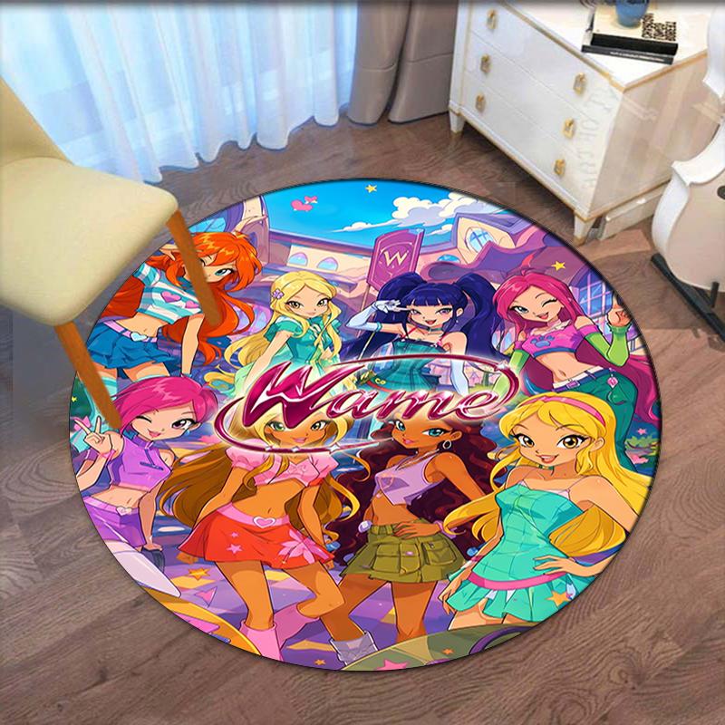 Custom Name Winx Club Printed Round Rug Carpet Chair Rug Area Rug Entryway Doormats,for Office Chair Living Room Bedroom Kitchen Room.