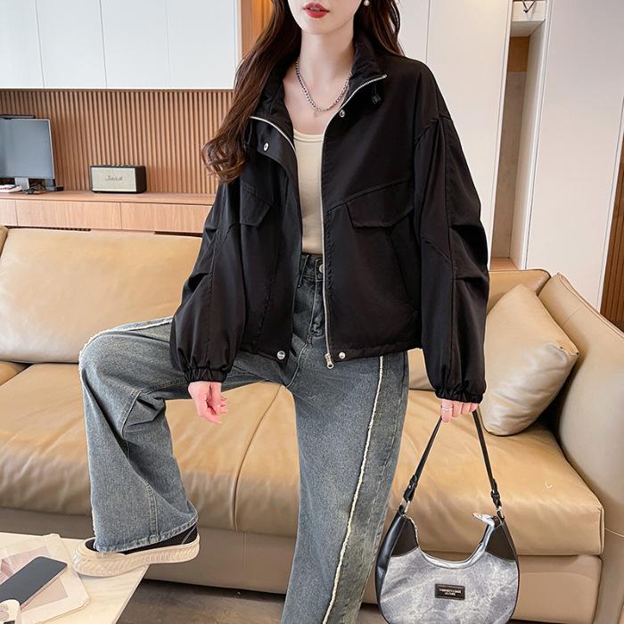 2026 spring and autumn new Korean fashion loose stand-up collar hem drawstring jacket women's outdoor tooling casual jacket tide
