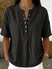 Pink V-Neck Short Sleeve Loose Fit Blouse with Buttons