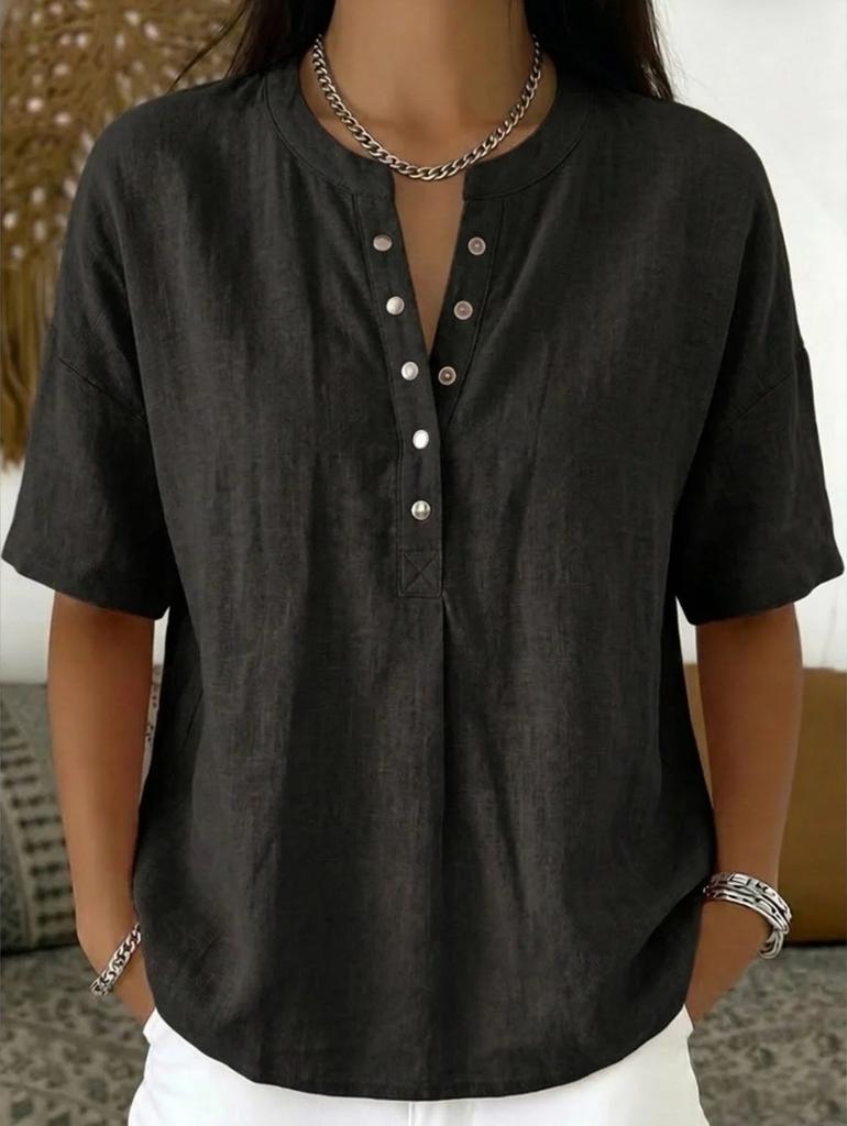 Pink V-Neck Short Sleeve Loose Fit Blouse with Buttons