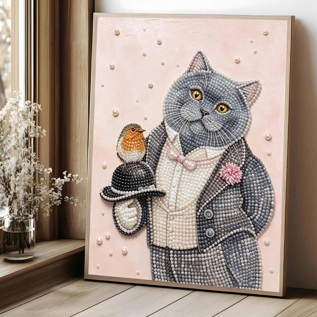 Relaxing DIY Pearl Painting Kit Framed with Dapper Cat and Bird Design 5D Sparkling Bead Canvas Craft for Girls Bedroom Decor Gift