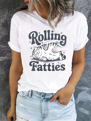 Women'S Rolling Fatties Cat Print T-Shirt, Casual Crew Neck Short Sleeve Top Animal Pattern, Regular Length