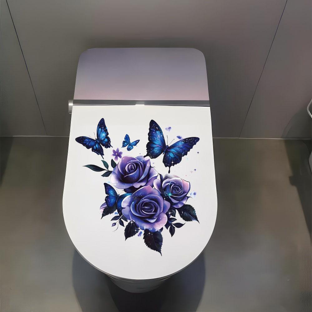 Self-adhesive Waterproof Toilet Seat Stickers Purple Rose Butterfly for Bathroom Decor