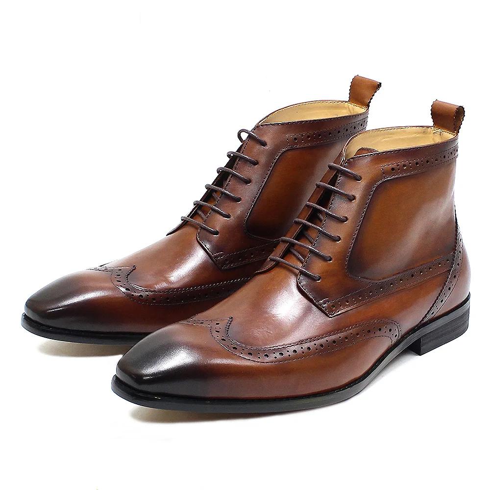 Fashion Men's Classic Calfskin Real Leather Cowboy Boots Lace-Up Wingtip Pointed Toe High Cut Formal Derby Shoes