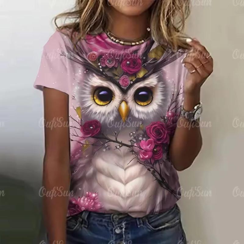 Summer O-Neck Short Sleeve Women's T-Shirt 3d Printed Owl Pattern T-Shirt Pullover Top Fashion Street Female Clothing