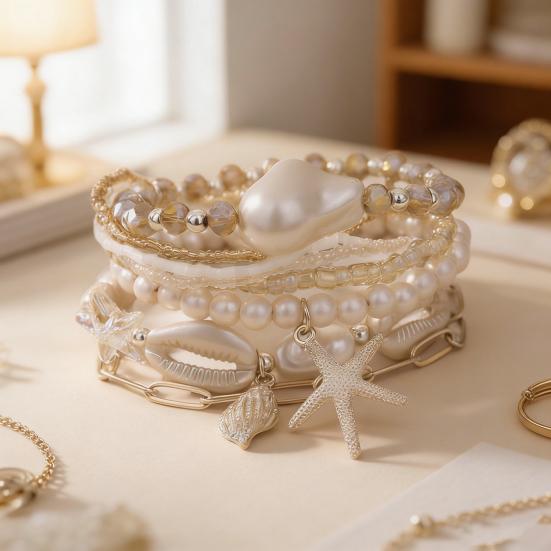 Summer Beach Bracelet for Women Faux Pearl Seashell Starfish Boho Layered Beaded Bracelets Handmade Stretch Bracelet