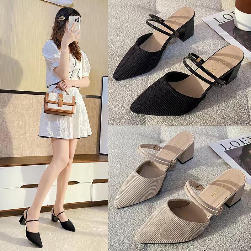 Pointed Head, Medium Heel, Thick Heel, Cool Slippers, Half-drag Sandals for Women's Summer New Breathable Cloth, and Outer Wear.