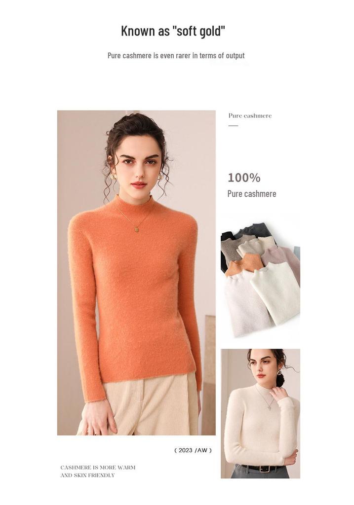 Women's 100% Cashmere High Neck Slim Fit Pullover Sweater