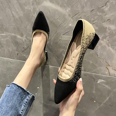 Square Heel Knitting Pumps Women Mix Color Slip -On High Heels Shoes Woman Sexy Pointed Toe Soft Sole Office Shoes
