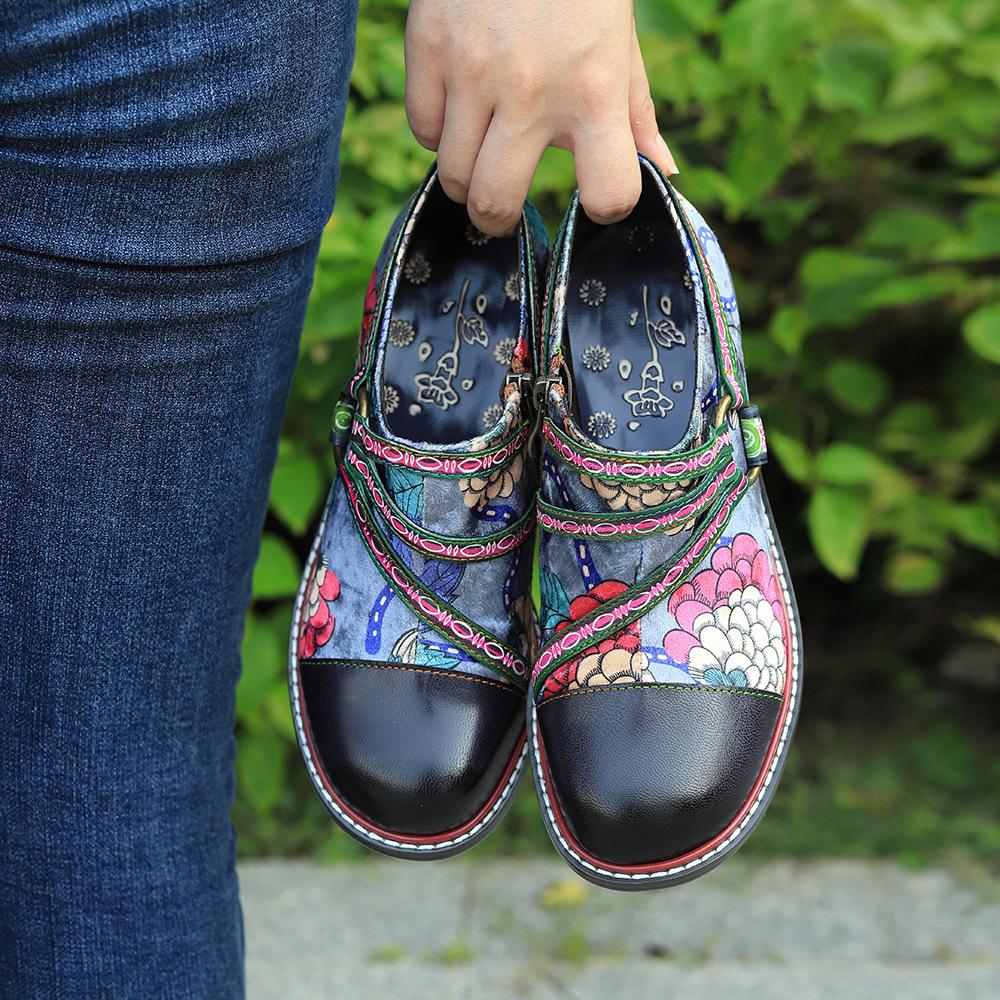 Johnature Handbemalte Echtleder-Pumps für Damen, Retro-Blume, bequeme Schuhe mit Blockabsatz