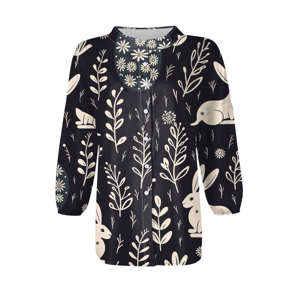 Women's Shirt Button Casual Easter Print Fashion Round Neck Drop Shoulder Seven Sleeve Shirt Top