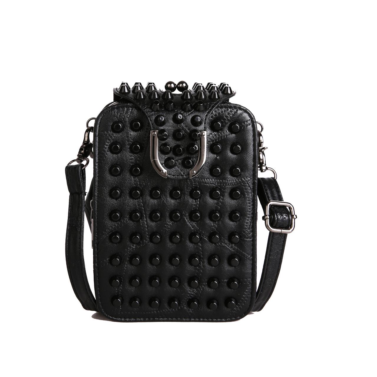 

Gothic Style Textured Black Shoulder & Crossbody Bag with Rivets for Women